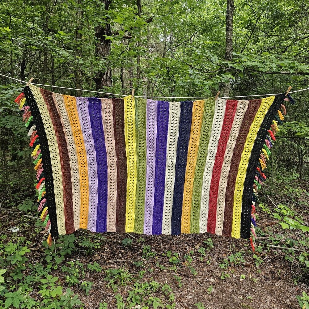 Handmade Retro Striped Crochet Afghan Throw Blanket Tassels Colorful Boho 40x73